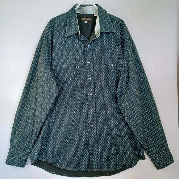 Stetson Mens Pearl Snap Western Shirt Green Blue Cotton Small Print size XL - Picture 2 of 11